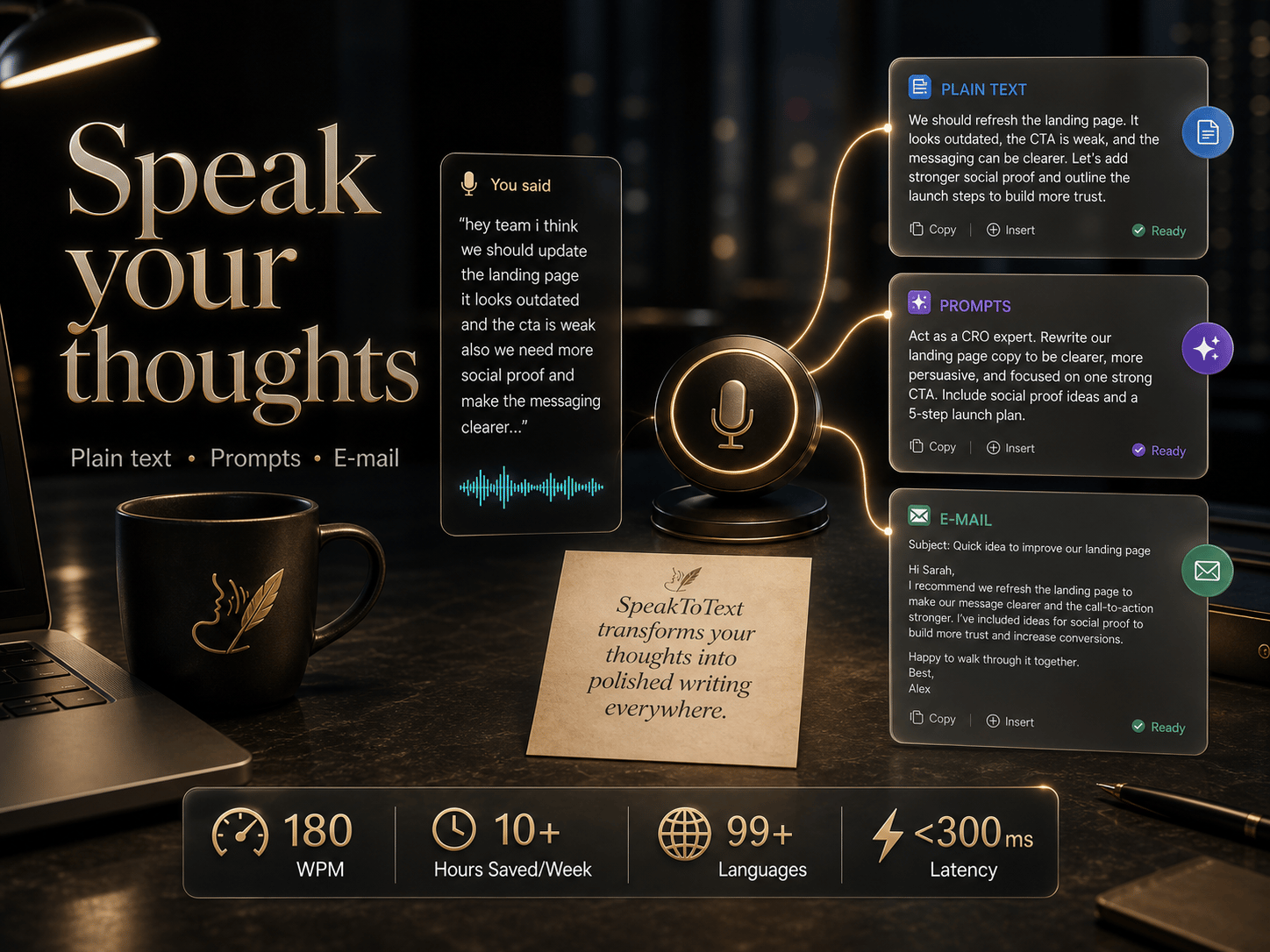 Windows voice-to-text workflow with prompt-ready text on a desktop interface