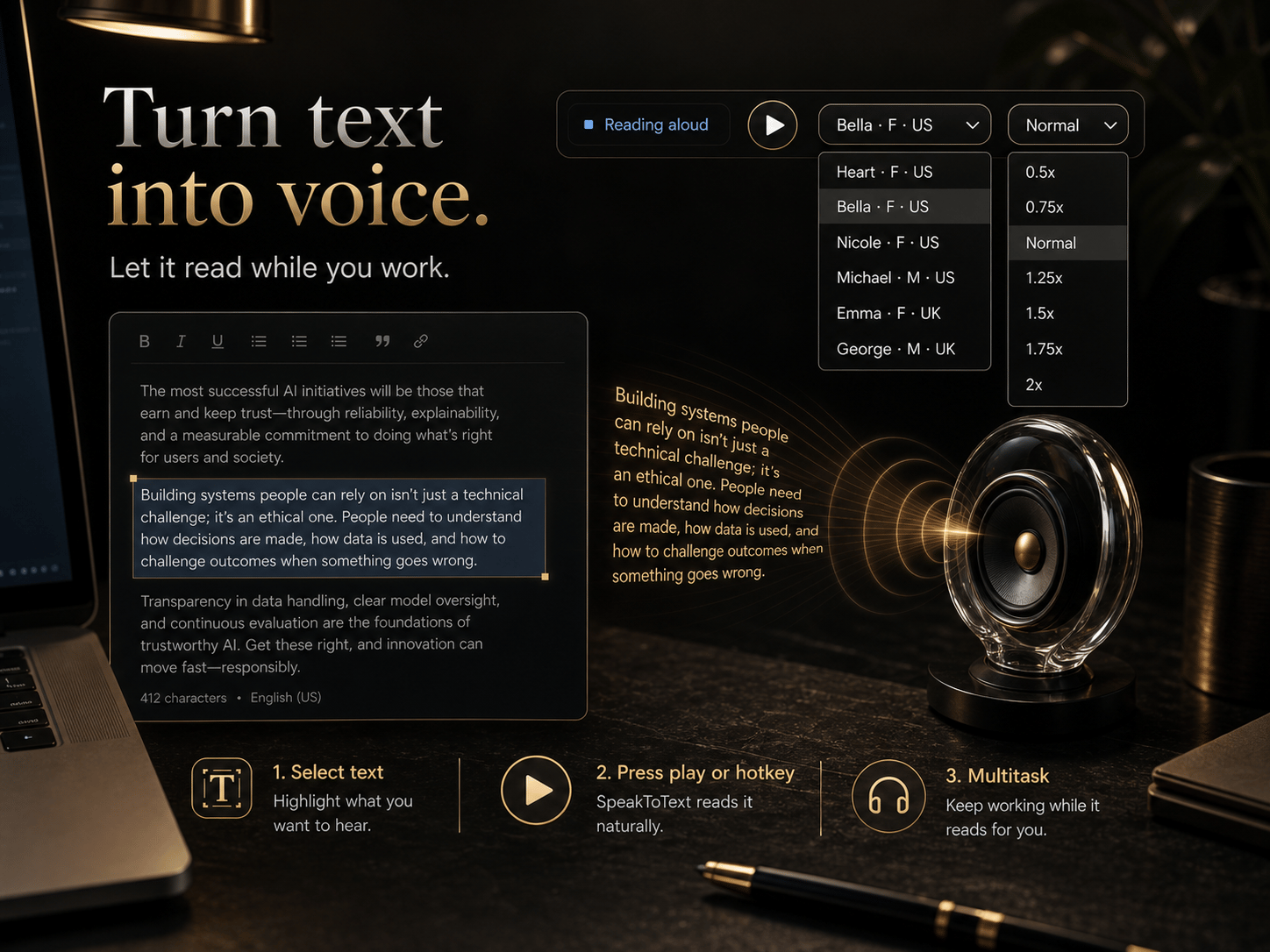 Text-to-speech feature example for a Windows voice-to-text workflow